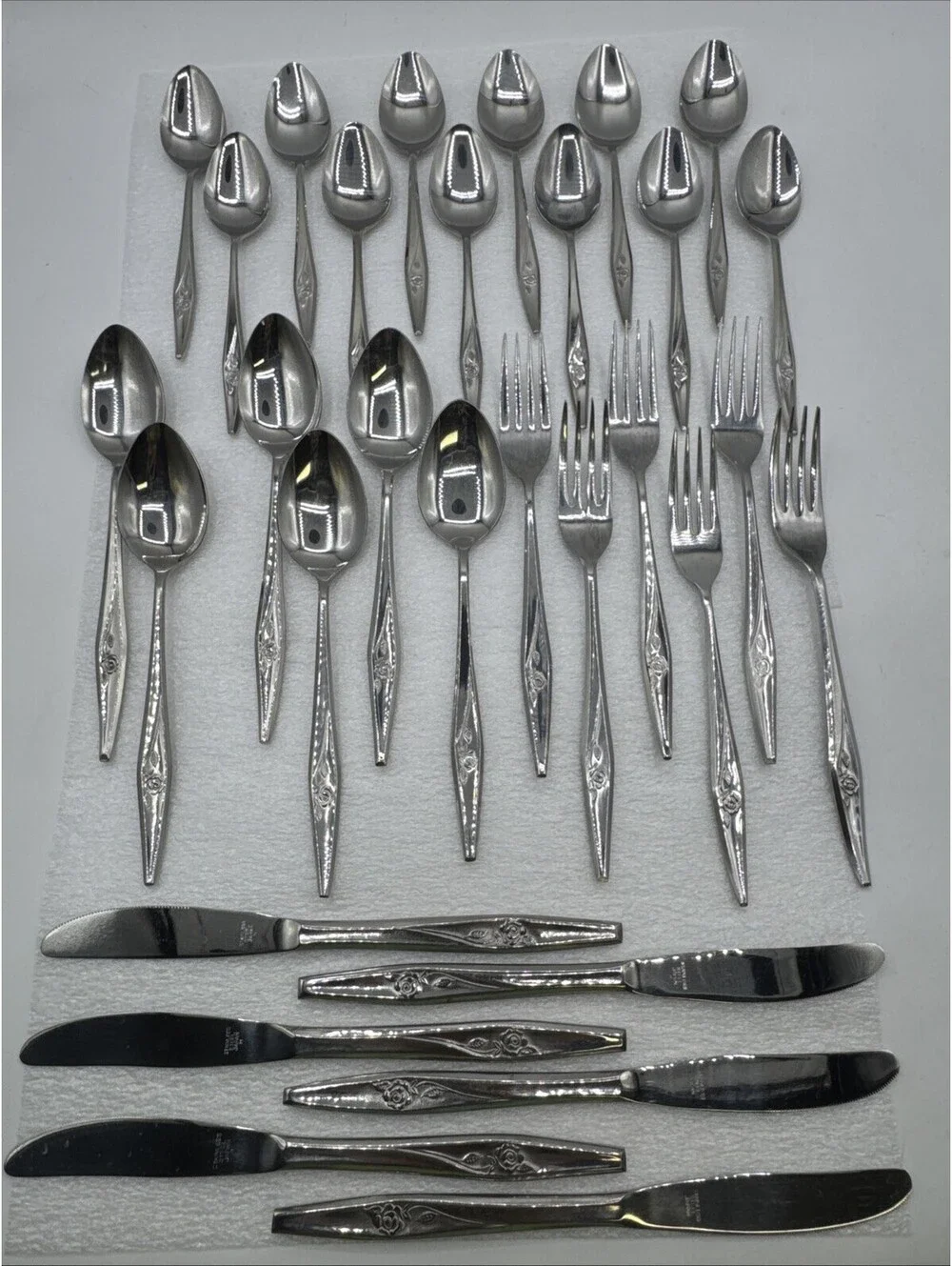 Vintage MCM 30pc Spritely Rose Stainless Steel Flatware Creative Manor M Japan